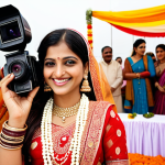 **

A young woman, Anjali Sharma, smiling confidently while holding a professional camera at a vibrant Indian wedding.  She is the "मुख्य फोटोग्राफर" (main photographer). The background shows a colorful wedding scene with traditional decorations and happy guests. The overall style is professional wedding photography.

**