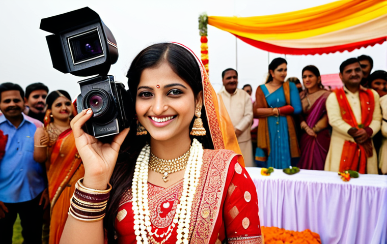 **

A young woman, Anjali Sharma, smiling confidently while holding a professional camera at a vibrant Indian wedding.  She is the "मुख्य फोटोग्राफर" (main photographer). The background shows a colorful wedding scene with traditional decorations and happy guests. The overall style is professional wedding photography.

**