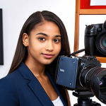 **Confident young photographer showcasing a diverse portfolio, possibly at a networking event, with photography equipment subtly visible in the background.** (Focus: Professionalism, networking, skill)
