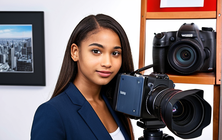 **Confident young photographer showcasing a diverse portfolio, possibly at a networking event, with photography equipment subtly visible in the background.** (Focus: Professionalism, networking, skill)