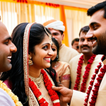 **Prompt for Wedding Photography:**
    A professional, high-resolution photograph capturing a candid and emotional moment during a vibrant Indian wedding ceremony. The image should feature the bride and groom or close family members exchanging heartfelt glances, bathed in warm, natural light. Emphasize the intricate details of traditional attire, a joyful atmosphere, and the artistic composition reflecting professional event photography.