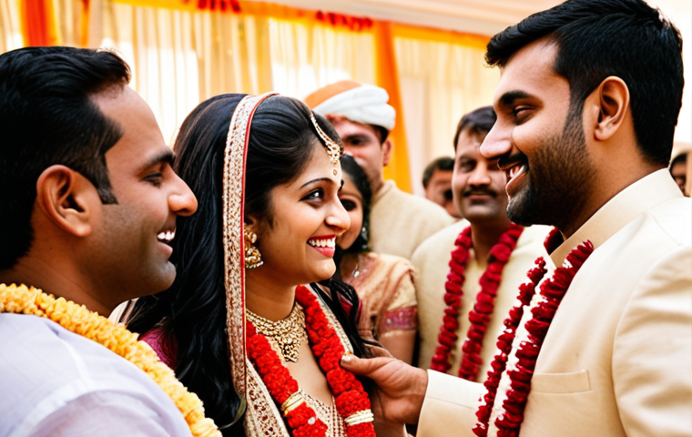 **Prompt for Wedding Photography:**
A professional, high-resolution photograph capturing a candid and emotional moment during a vibrant Indian wedding ceremony. The image should feature the bride and groom or close family members exchanging heartfelt glances, bathed in warm, natural light. Emphasize the intricate details of traditional attire, a joyful atmosphere, and the artistic composition reflecting professional event photography.
