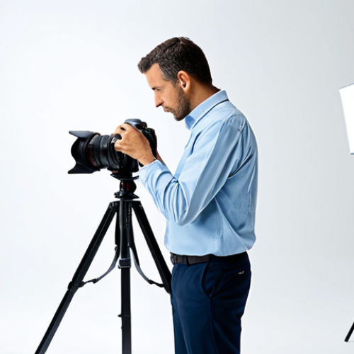 **Professional Growth in Photography**
    A focused professional photographer, a person in their 30s-40s, wearing a modest long-sleeved shirt and trousers, holding a professional DSLR camera in a well-lit modern photography studio. They are looking intently at a studio lighting setup, showcasing a deep understanding of technical aspects. The background includes neatly arranged photography equipment and a clean white backdrop. The overall scene conveys dedication to continuous learning and mastery. Perfect anatomy, correct proportions, natural pose, well-formed hands, proper finger count, natural body proportions. Fully clothed, appropriate attire, professional dress, safe for work, appropriate content, professional, family-friendly, high quality, realistic photography.