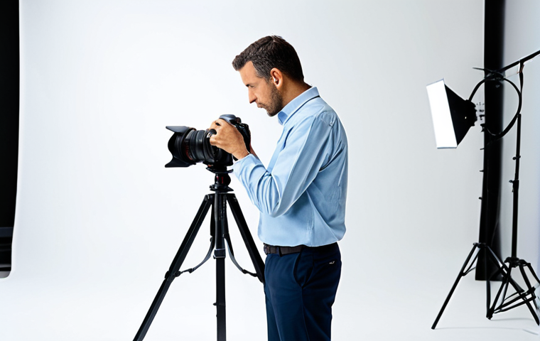 **Professional Growth in Photography**
A focused professional photographer, a person in their 30s-40s, wearing a modest long-sleeved shirt and trousers, holding a professional DSLR camera in a well-lit modern photography studio. They are looking intently at a studio lighting setup, showcasing a deep understanding of technical aspects. The background includes neatly arranged photography equipment and a clean white backdrop. The overall scene conveys dedication to continuous learning and mastery. Perfect anatomy, correct proportions, natural pose, well-formed hands, proper finger count, natural body proportions. Fully clothed, appropriate attire, professional dress, safe for work, appropriate content, professional, family-friendly, high quality, realistic photography.