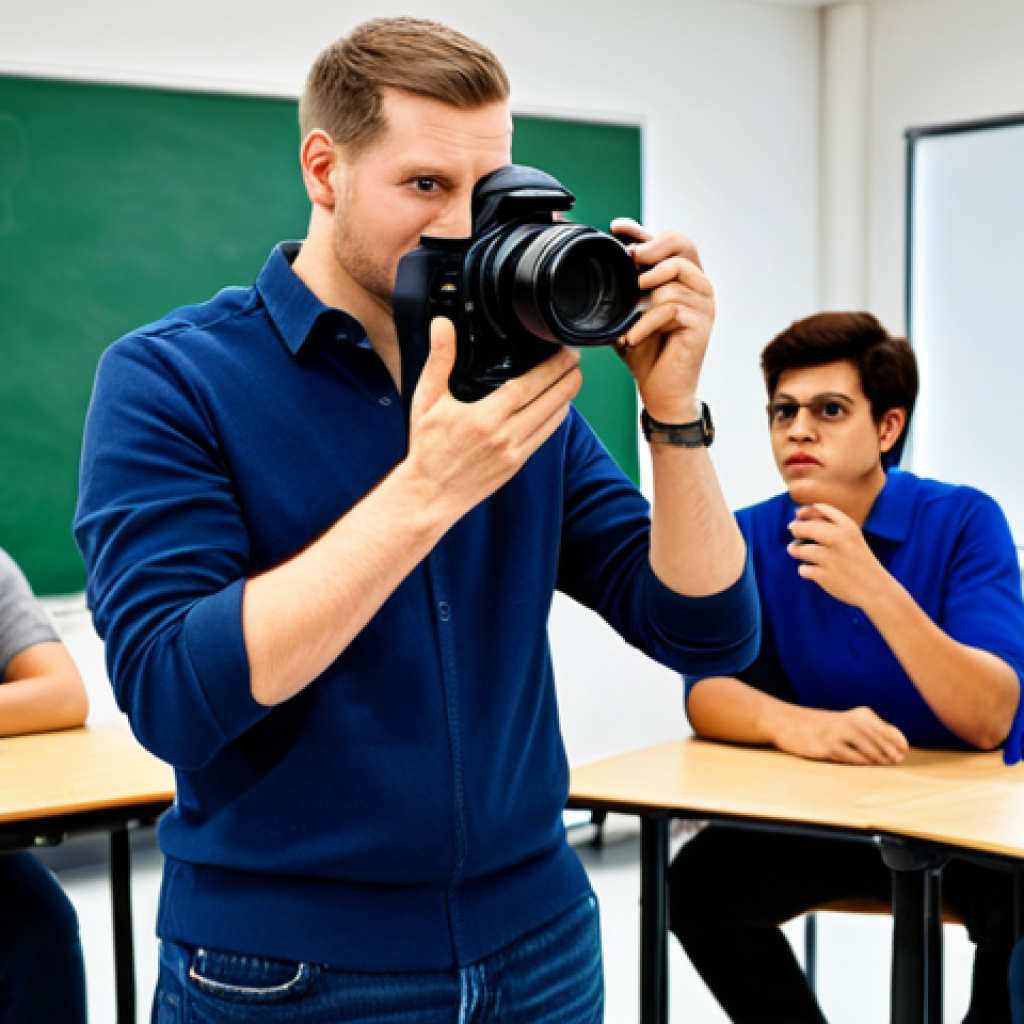 **

"A professional photographer, fully clothed in appropriate attire, holding a camera at a photography workshop, surrounded by students, modern classroom setting, safe for work, appropriate content, perfect anatomy, natural proportions, professional photography, well-formed hands, proper finger count, family-friendly."

**