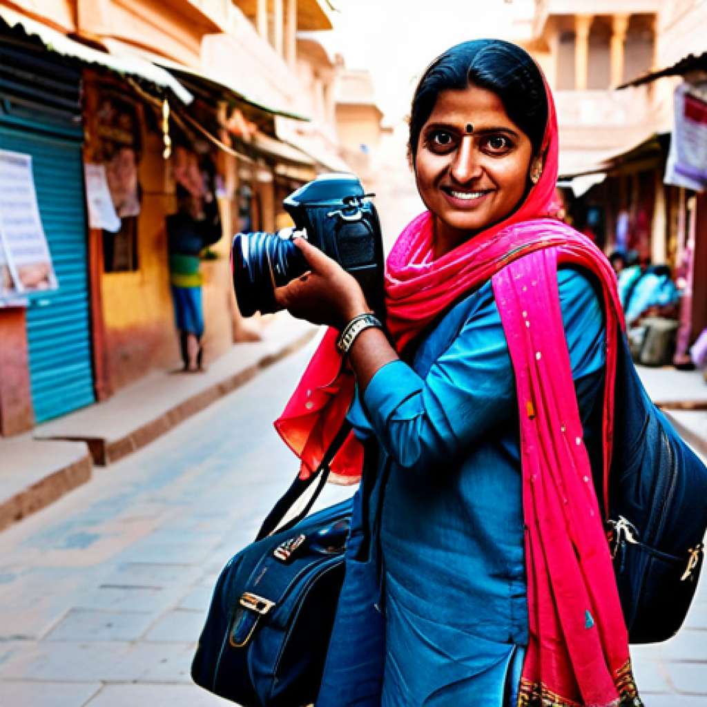 사진 자격증과 관련된 필수 어플 추천 - "A professional female photographer, fully clothed in a modest and practical outfit with a camera ba...
