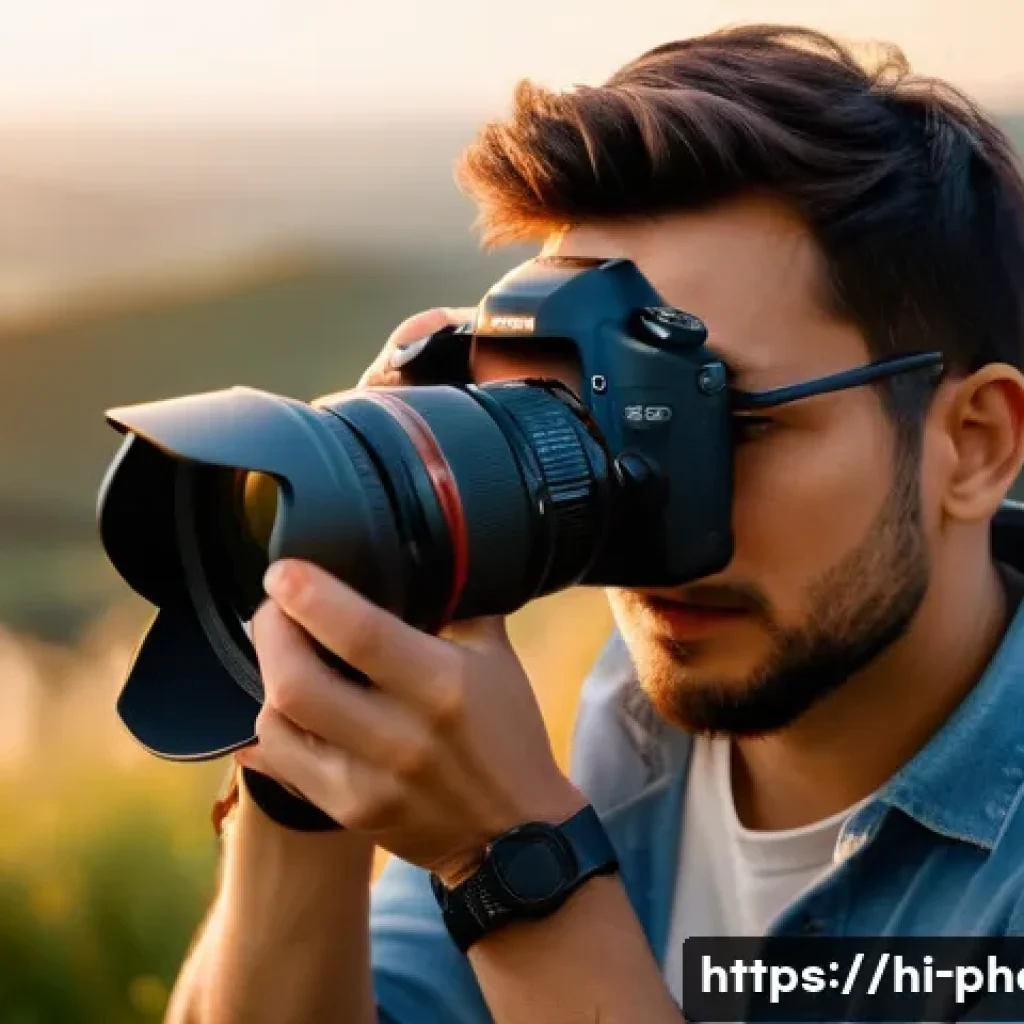 사진 자격증을 통해 배운 실무 경험 - A professional photographer adjusting camera settings on a high-end DSLR in manual mode, focusing on...