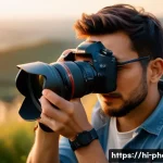 사진 자격증을 통해 배운 실무 경험 - A professional photographer adjusting camera settings on a high-end DSLR in manual mode, focusing on...