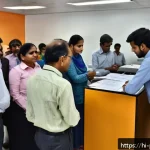 Home 23 사진 자격증 갱신 방법과 주의사항 - A detailed scene of an Indian government office reception area for photo ID card renewal, showing a ...