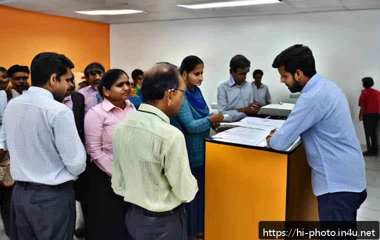 사진 자격증 갱신 방법과 주의사항 - A detailed scene of an Indian government office reception area for photo ID card renewal, showing a ...