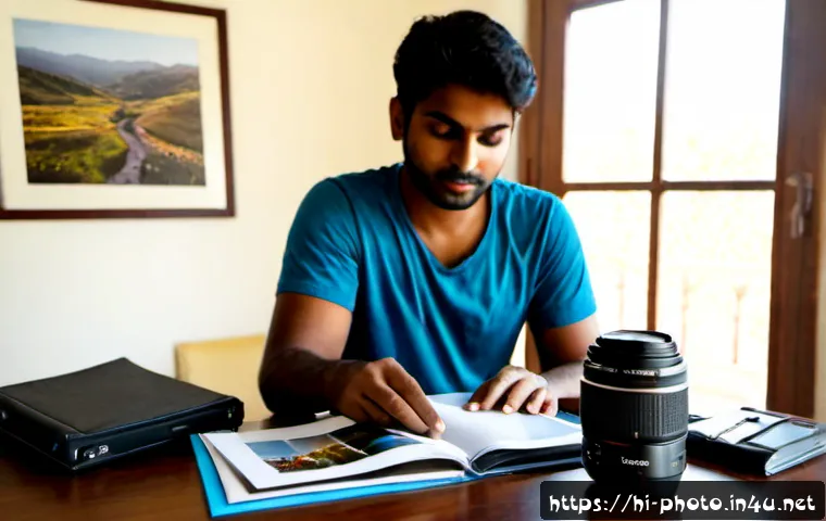 Home 30 사진 자격증 취득 후 실무 포트폴리오 준비 - Photorealistic Indian young adult photographer at a clean home studio desk, carefully arranging prin...