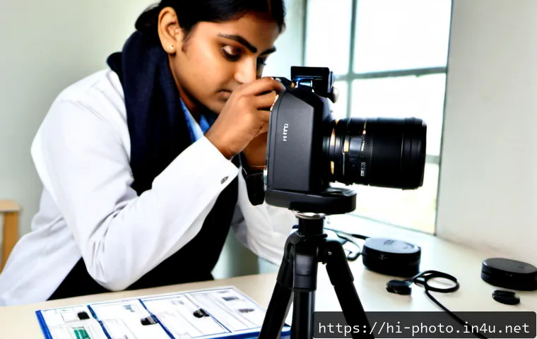 Home 17 사진 자격증 실기시험 현장에서 주의할 점 - Photorealistic photography practical examination room in India, a focused adult candidate carefully ...