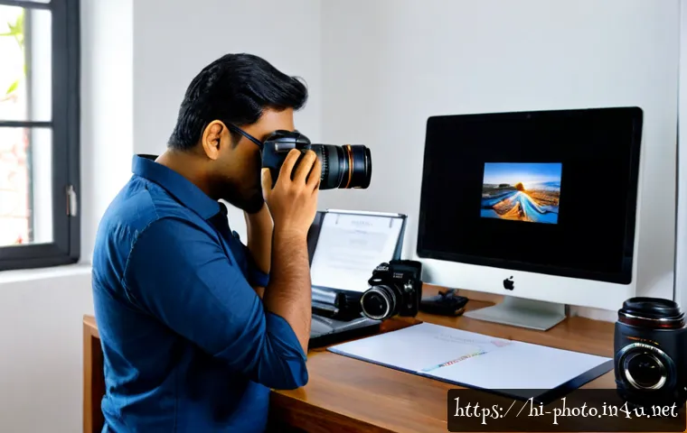 Home 17 사진 자격증과 해외 취업 기회 - Photorealistic Indian photographer in a bright modern studio, confidently reviewing a portfolio of v...
